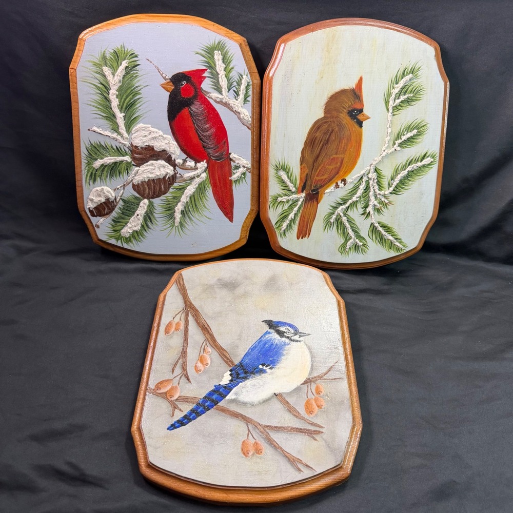Vintage Hand Painted Bird Wood Plaques Set 3 Blue Jay Cardinal Folk Art